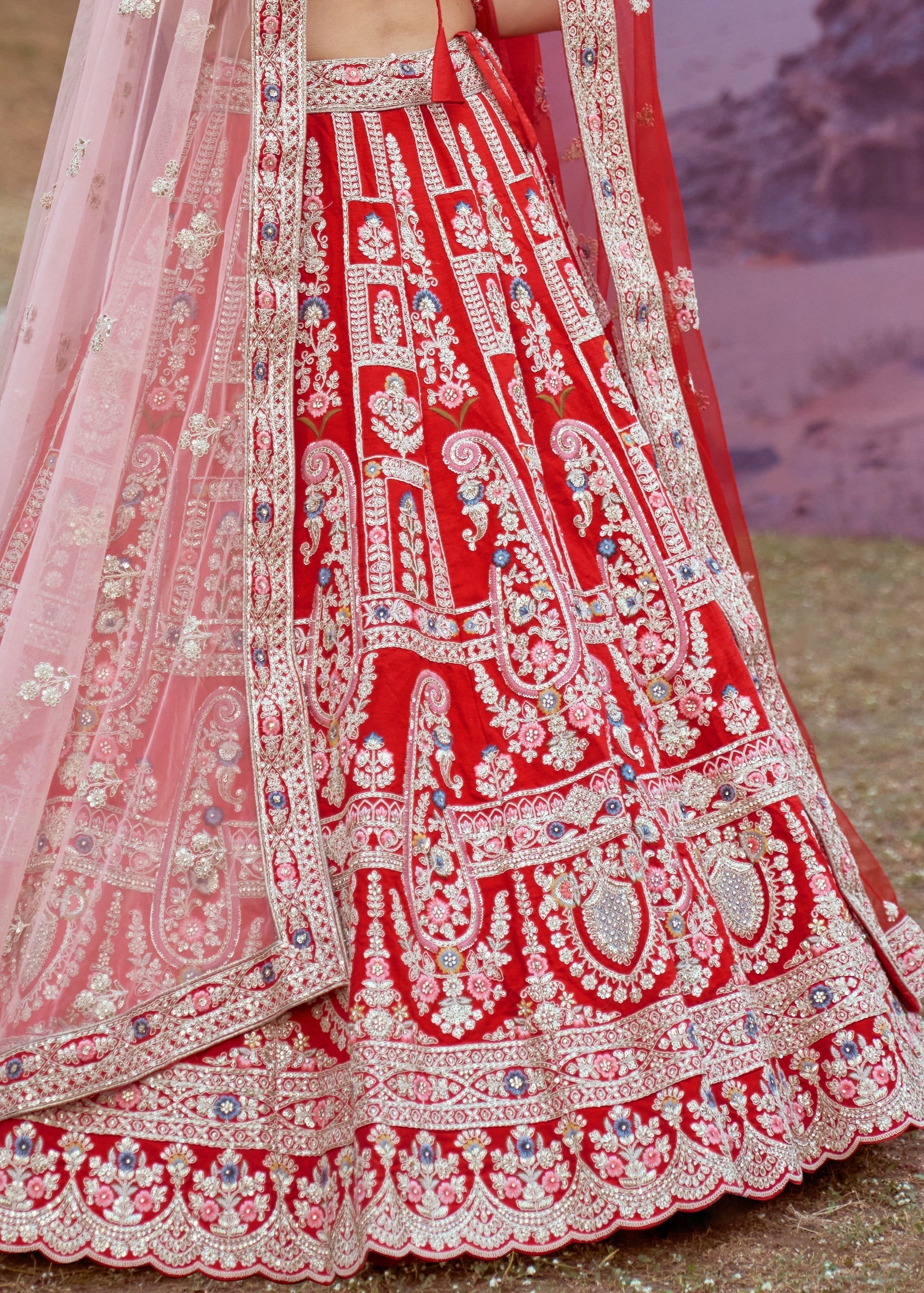 Red Pure silk Moti, Sequins embroidery Bridal Lehenga | Ready To Wear - qivii