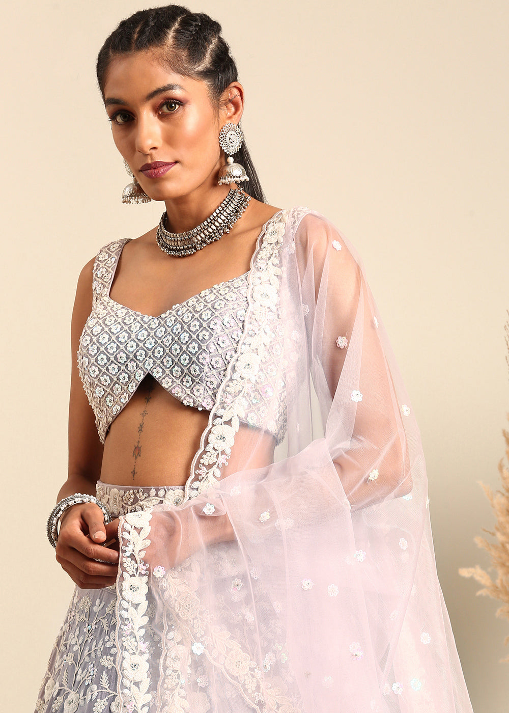 Silver Mauve Purple Georgette lehenga Choli with Sequins & Zarkan Embroidery | Ready To Wear - qivii