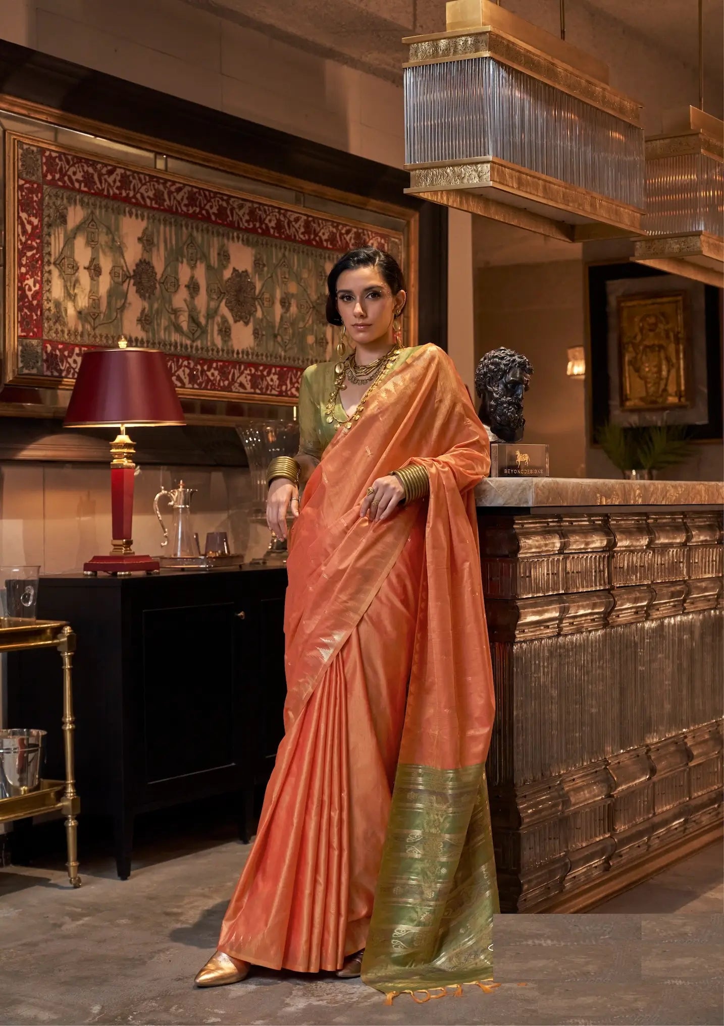 Orange Silk Saree With Contrast Ikkat Design Pallu - qivii