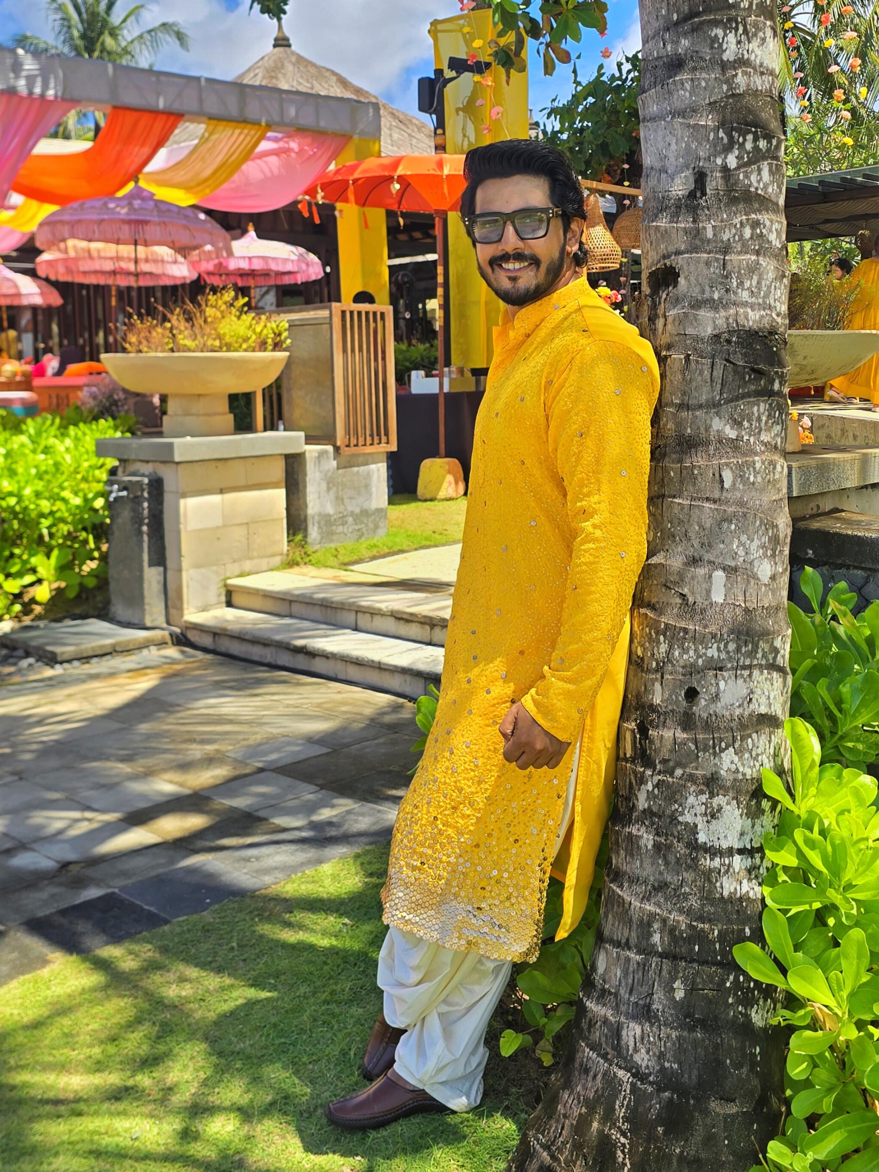 Men's Yellow Georgette Zari With Sequins Worked Kurta Patiala Set