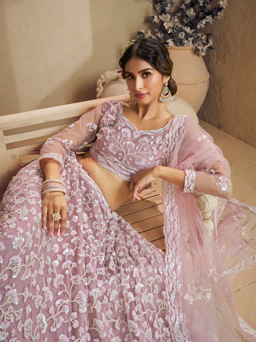 Pink Color Net Fabric Sequins embroidery Lehenga choli & Dupatta - qivii