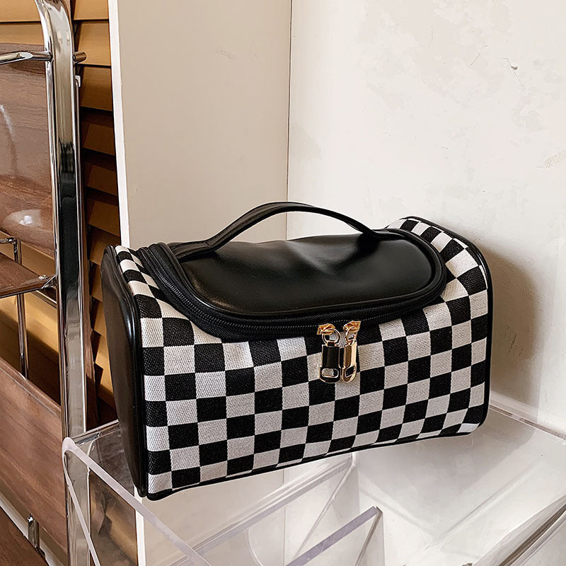 Women's Large Checkered Makeup Organizer – Oversized Travel Toiletry Bag with Zippered Pockets & Detachable Strap | Waterproof Patchwork Cosmetic Case