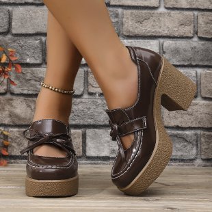 Women's Lillian Textured Sole Bow Mary Jane Platform Heels - Chunky Block Heel Shoes (US 5-10.5)