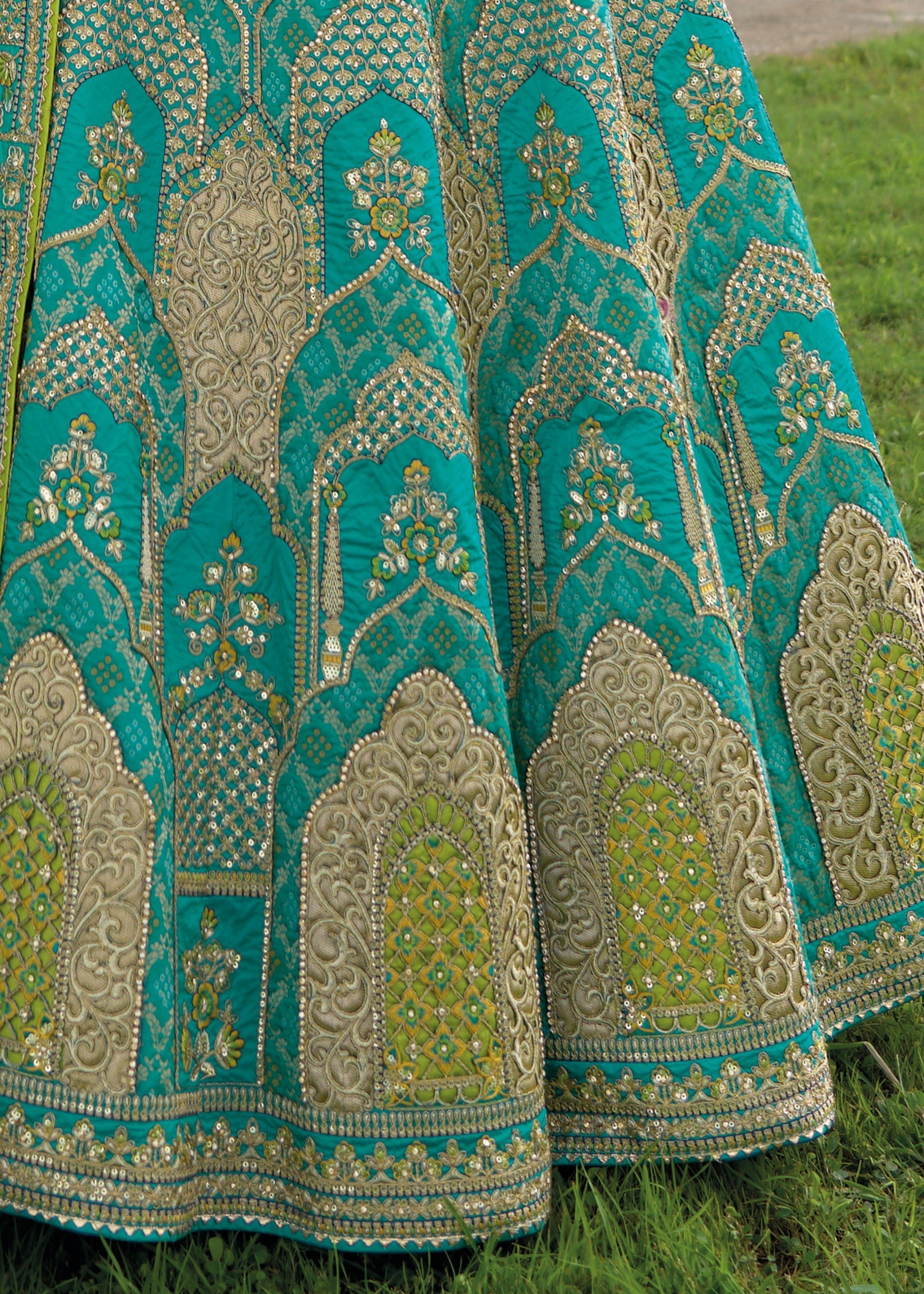 Teal Blue Banarasi Silk Lehenga With Heavy Embroidery Work | Ready To Wear - qivii
