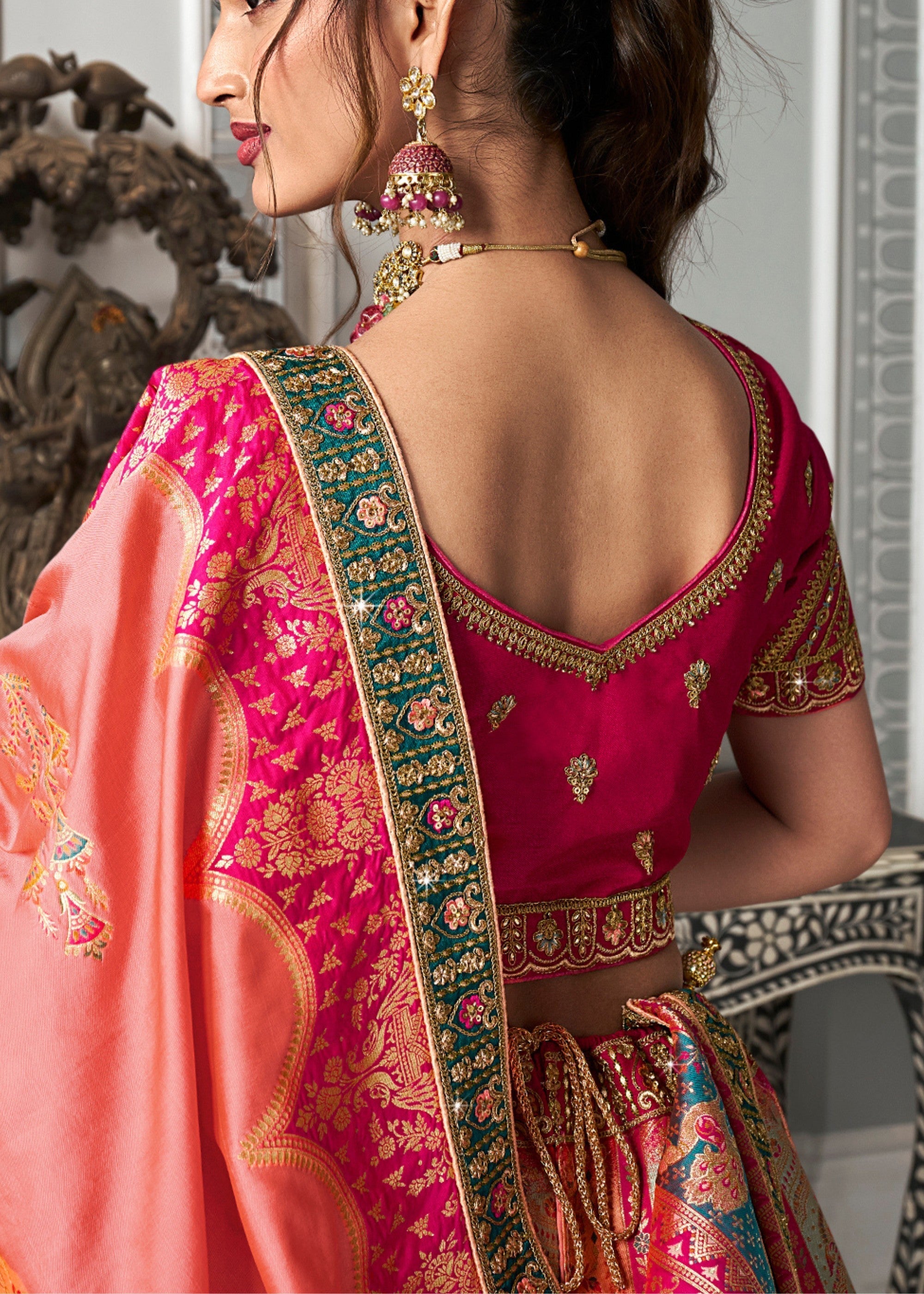 Peach & Pink Banarasi Silk Lehenga with Zarkan Codding work | Ready To Wear - qivii