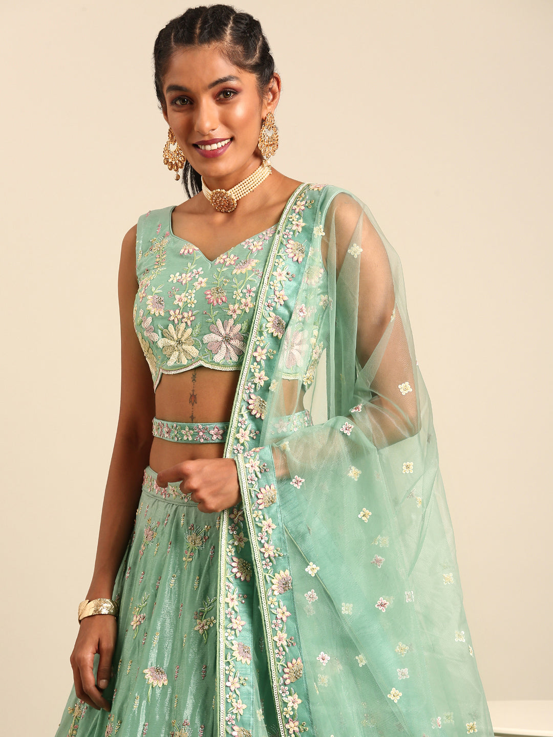Seagreen - Georgette Sequins with Heavy Zarkan Embroidery Lehenga choli