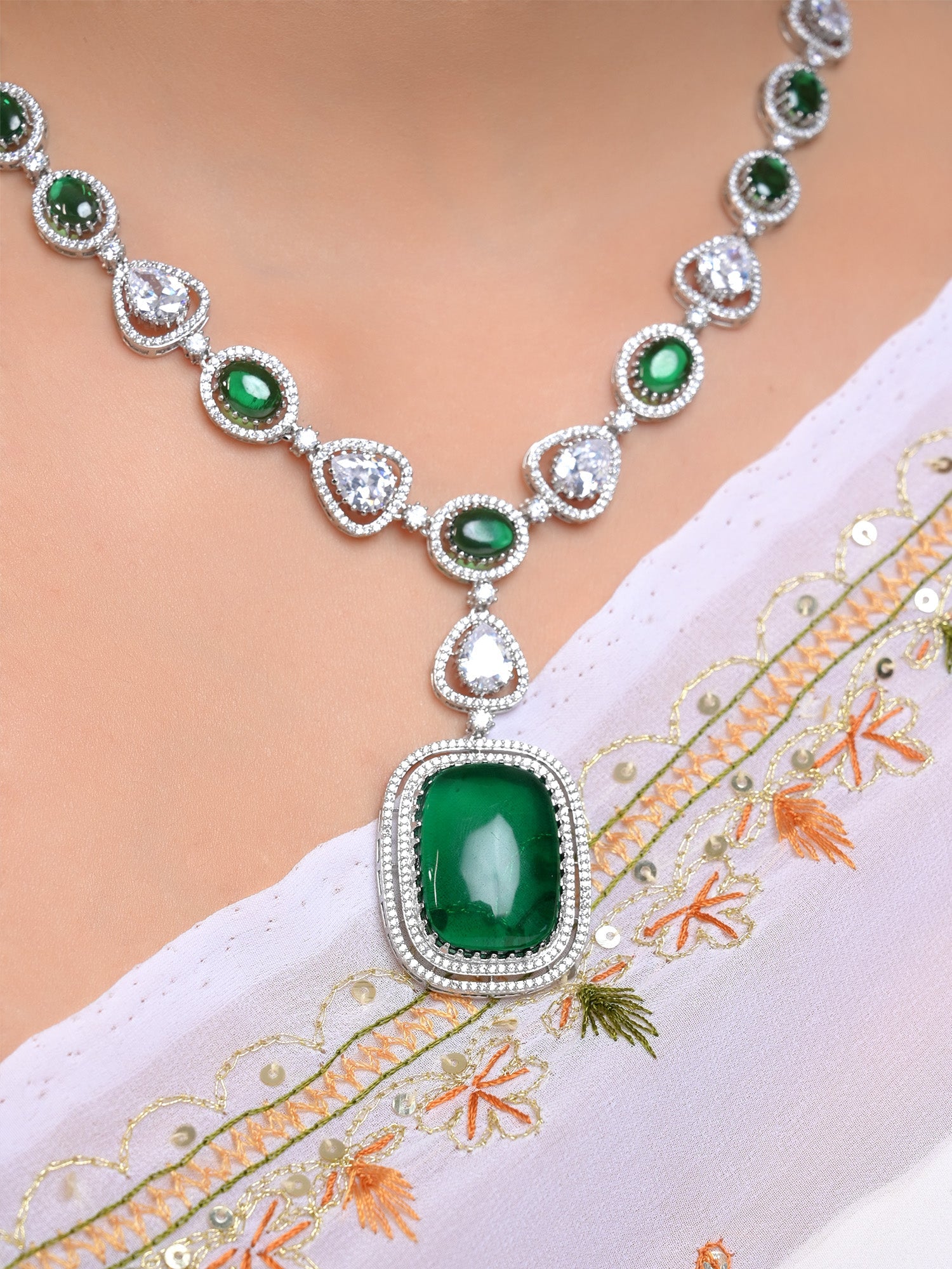 Clemence Green American Diamond Necklace Set - qivii