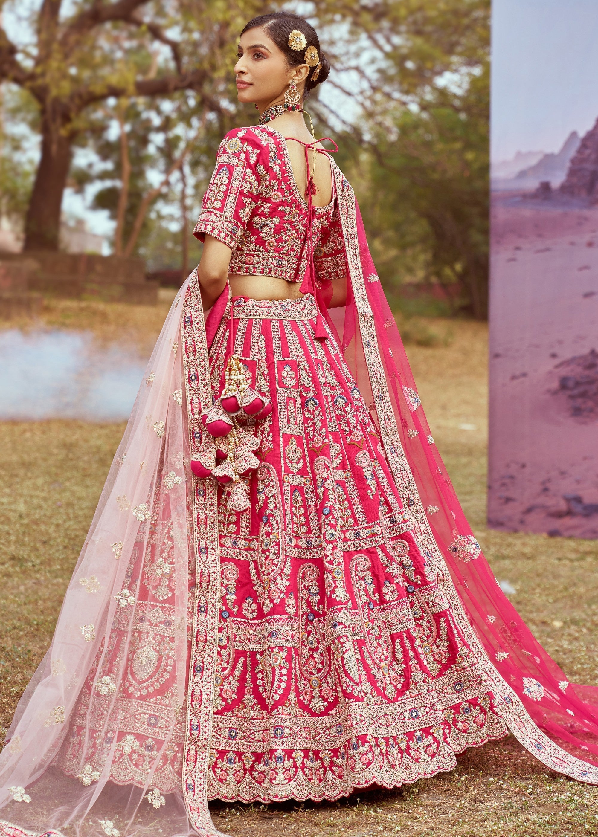 Pink Pure silk Moti, Sequins Embroidery Bridal Lehenga | Ready To Wear - qivii