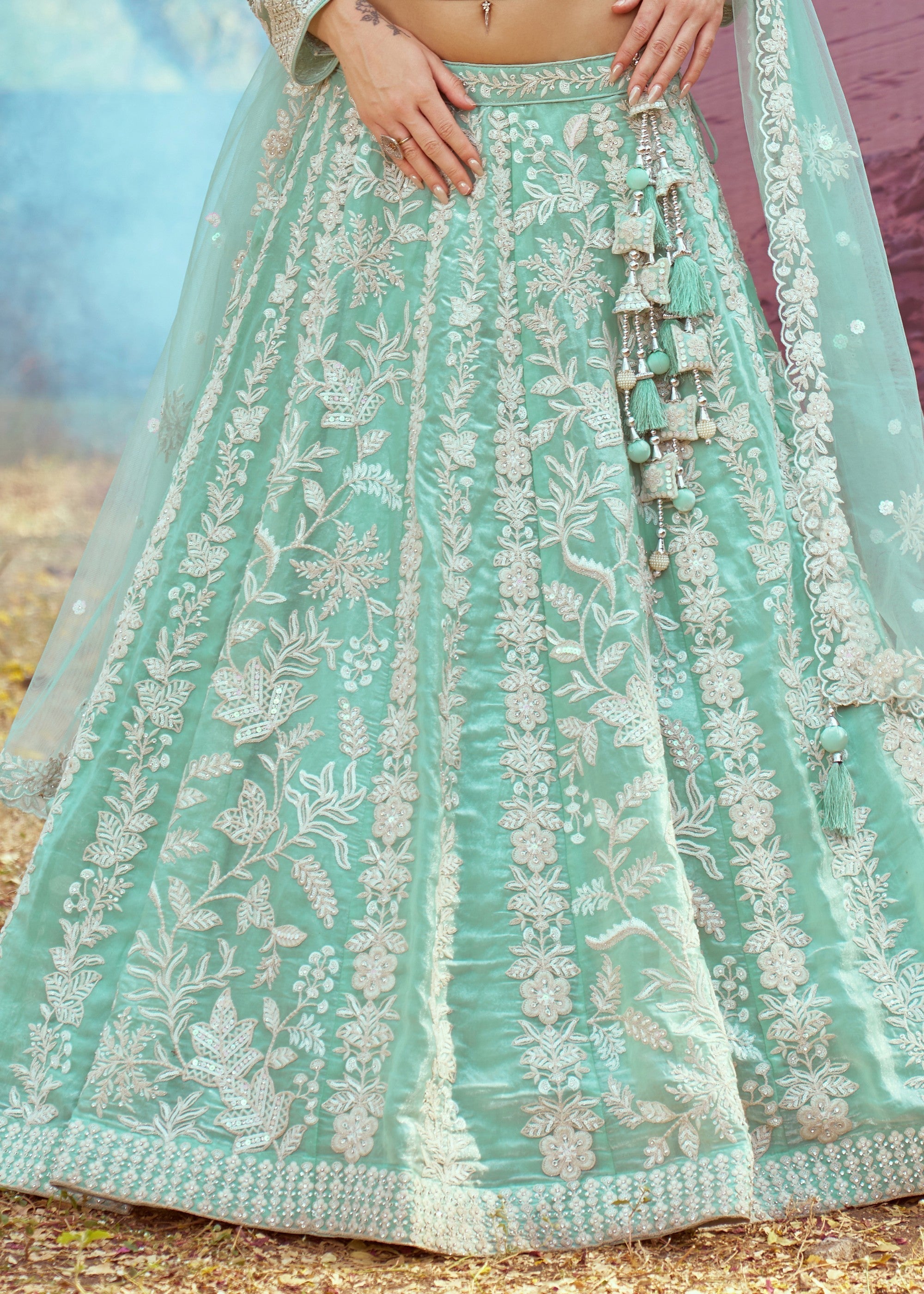 Sea green Organza Sequins embroidery Lehenga | Ready To Wear - qivii