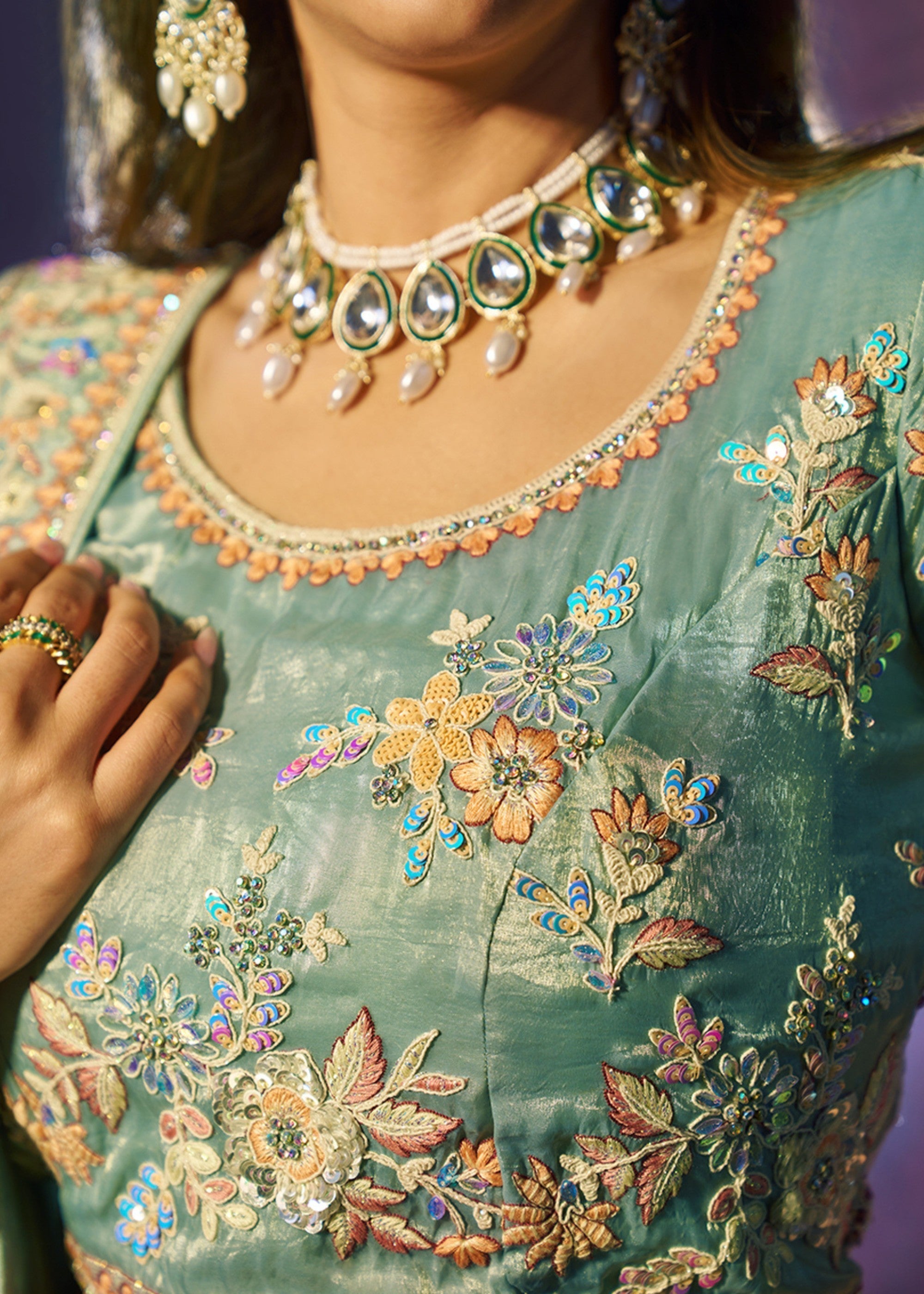 Torquise Dori Sequins Thread work Organza Lehenga | Ready To Wear - qivii