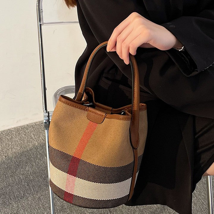 Women’s Regent Plaid Bucket Satchel — Heritage Check Full-Grain Leather Convertible with Detachable Pouch & Effortless Transition Carry
