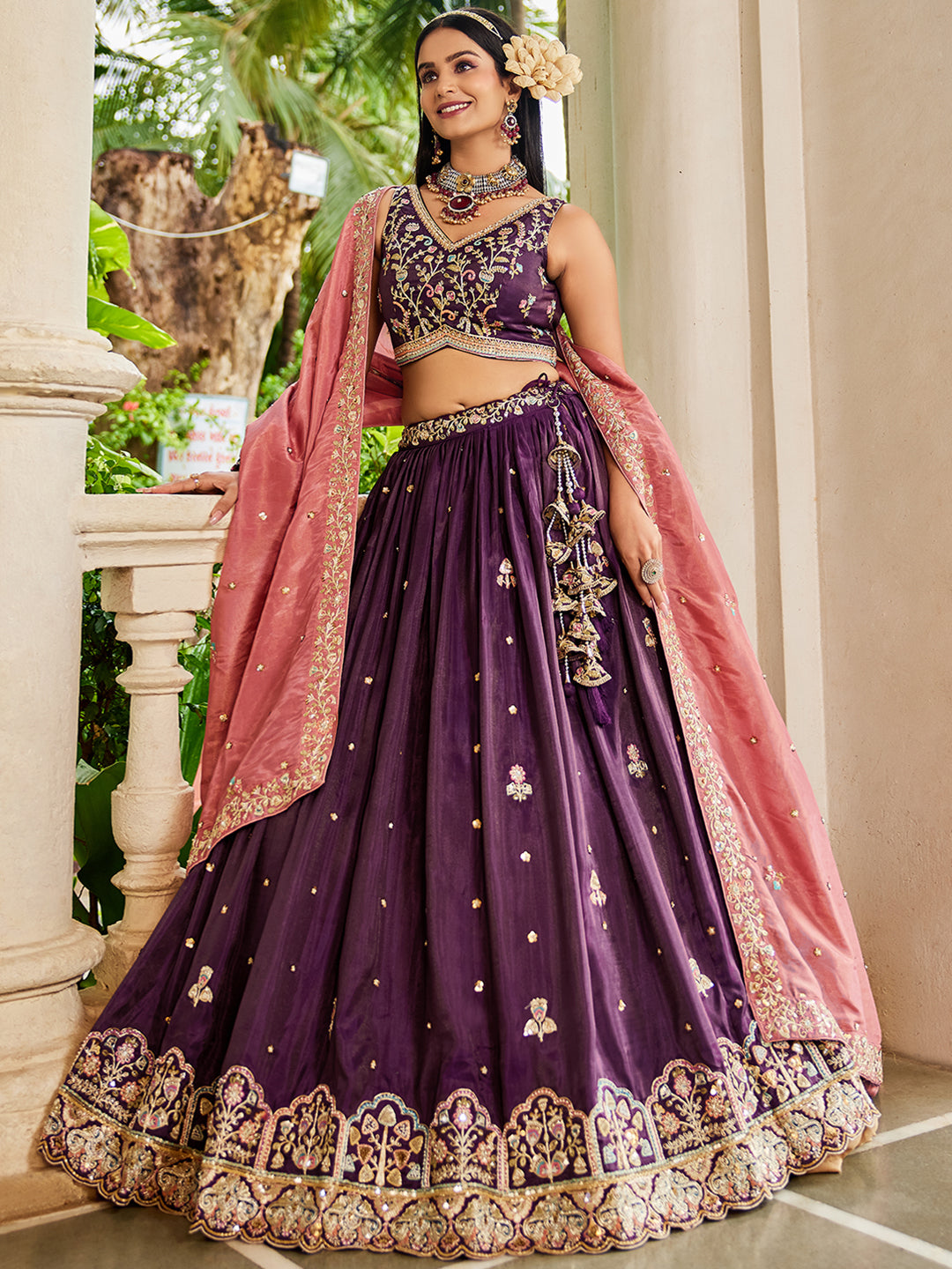 Burgundy - Satin Sequinse embroidery Lehenga choli & Dupatta