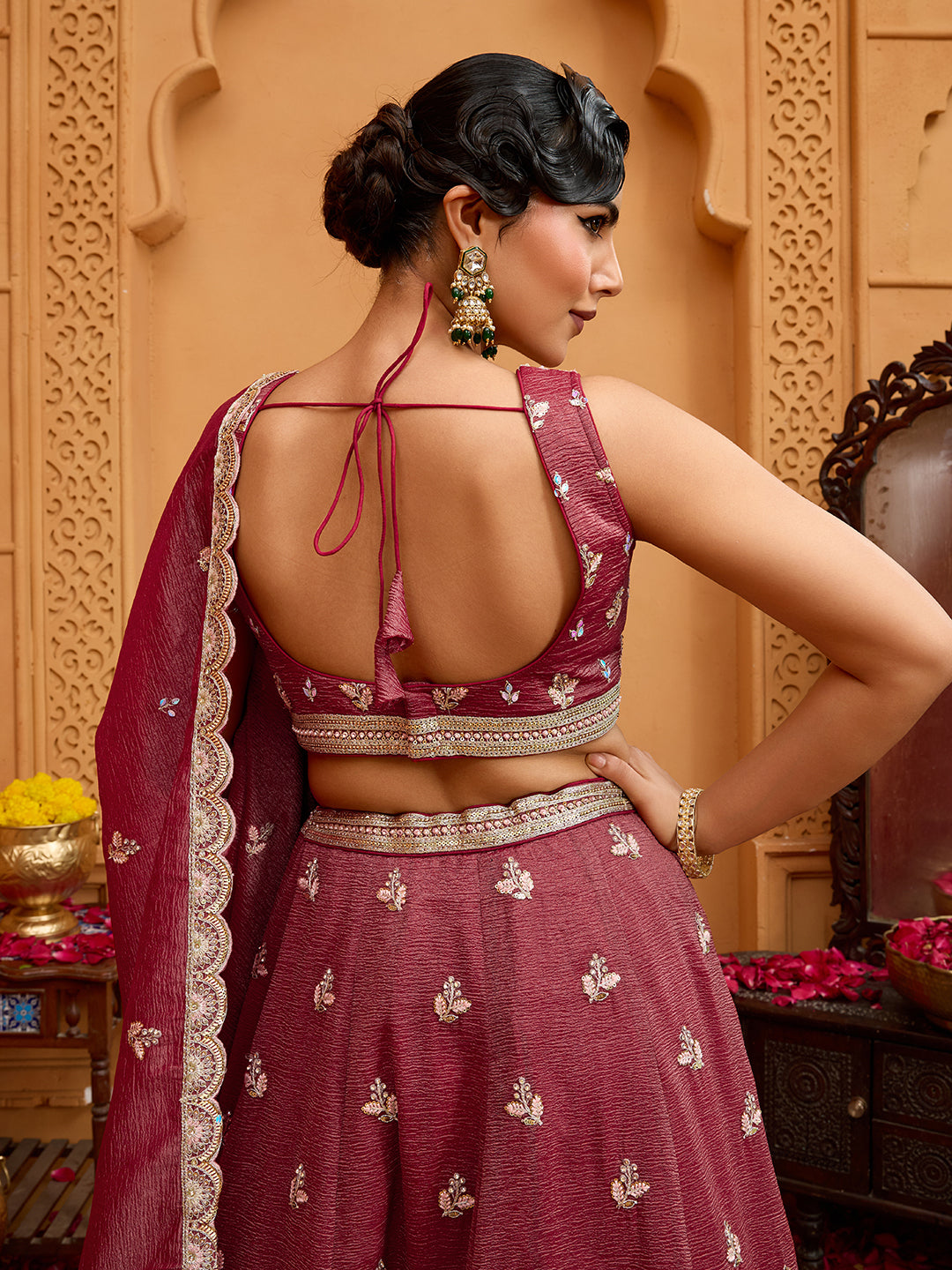 Rosegold- Tissue Fabric Sequins embroidery Semi-Stitched Lehenga & Unstitched Blouse With Dupatta - qivii