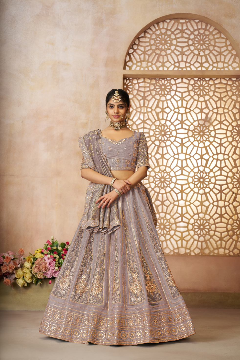 Onion Brocade Bridal Lehenga with Banarasi Patches and Zari Panel Work - qivii