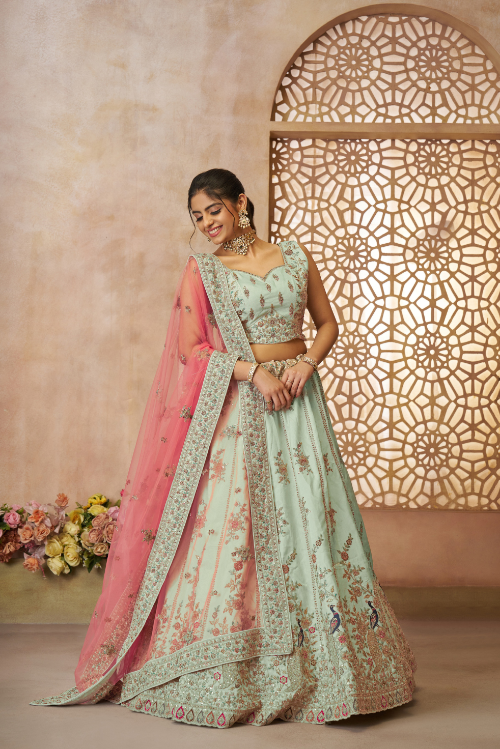 Green Zari Weaving Silk Wedding Lehenga Choli with Dupatta - qivii