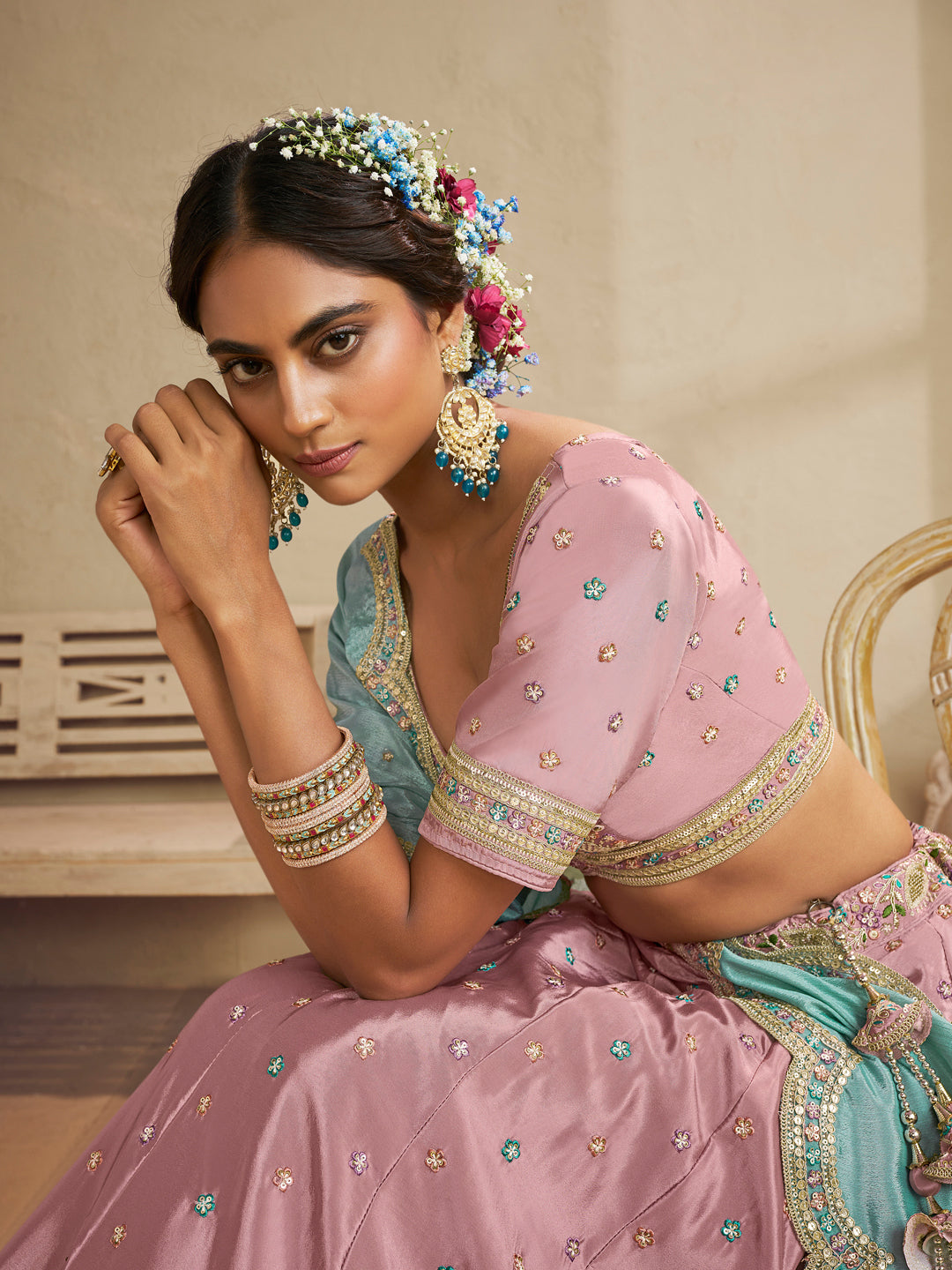 Pink Color Satin Silk Fabric Sequins embroidery Lehenga choli & Dupatta - qivii