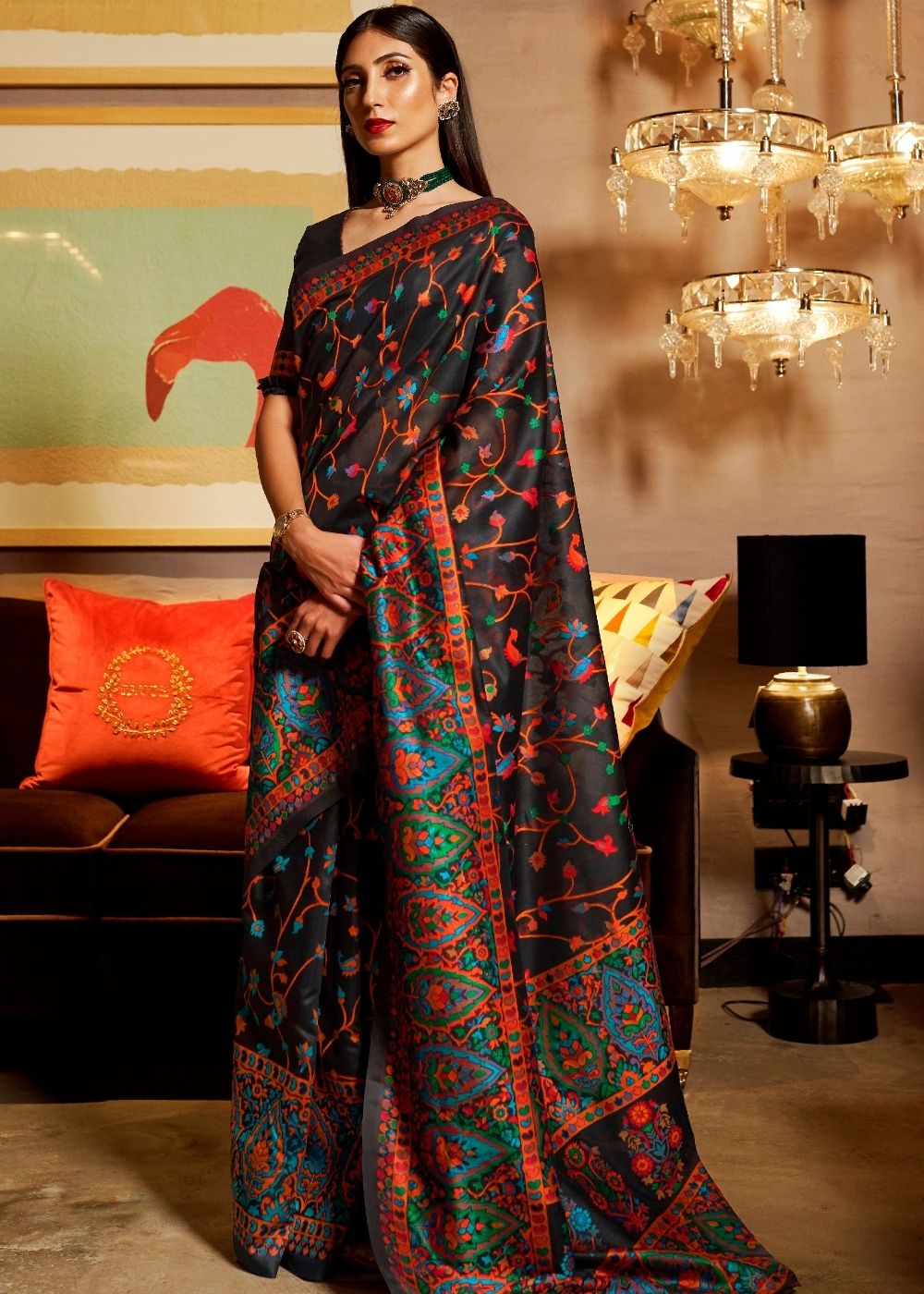 Ebony Black Banarasi Jamawar Woven Silk Saree - qivii
