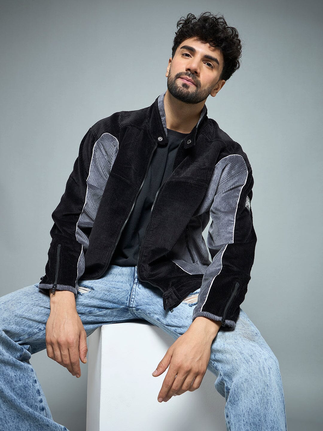 Black & Grey Corduroy Moto Jacket