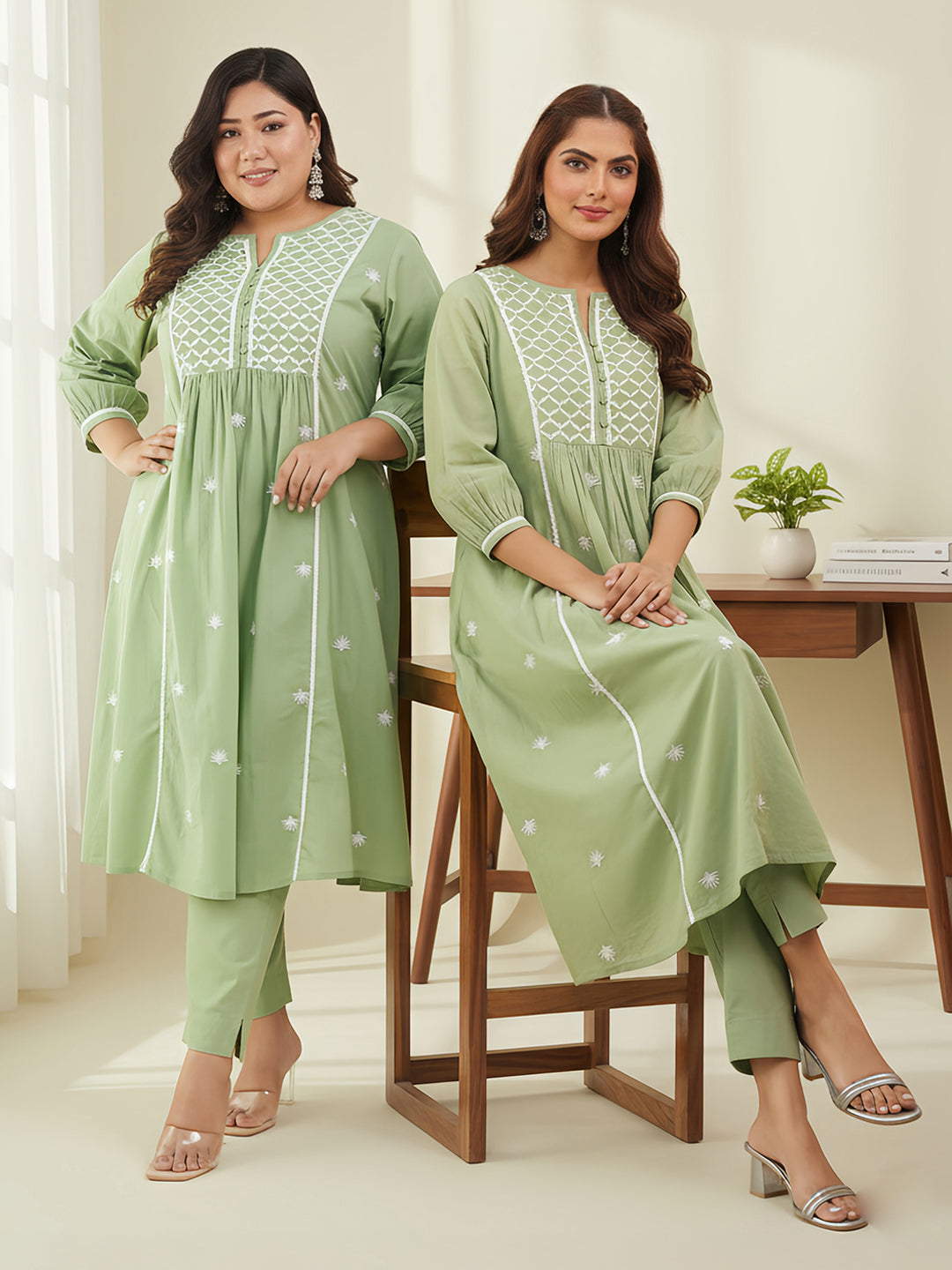 Janasya Women's Light Green Pure Cotton Embroidered A-line Kurta Set - qivii