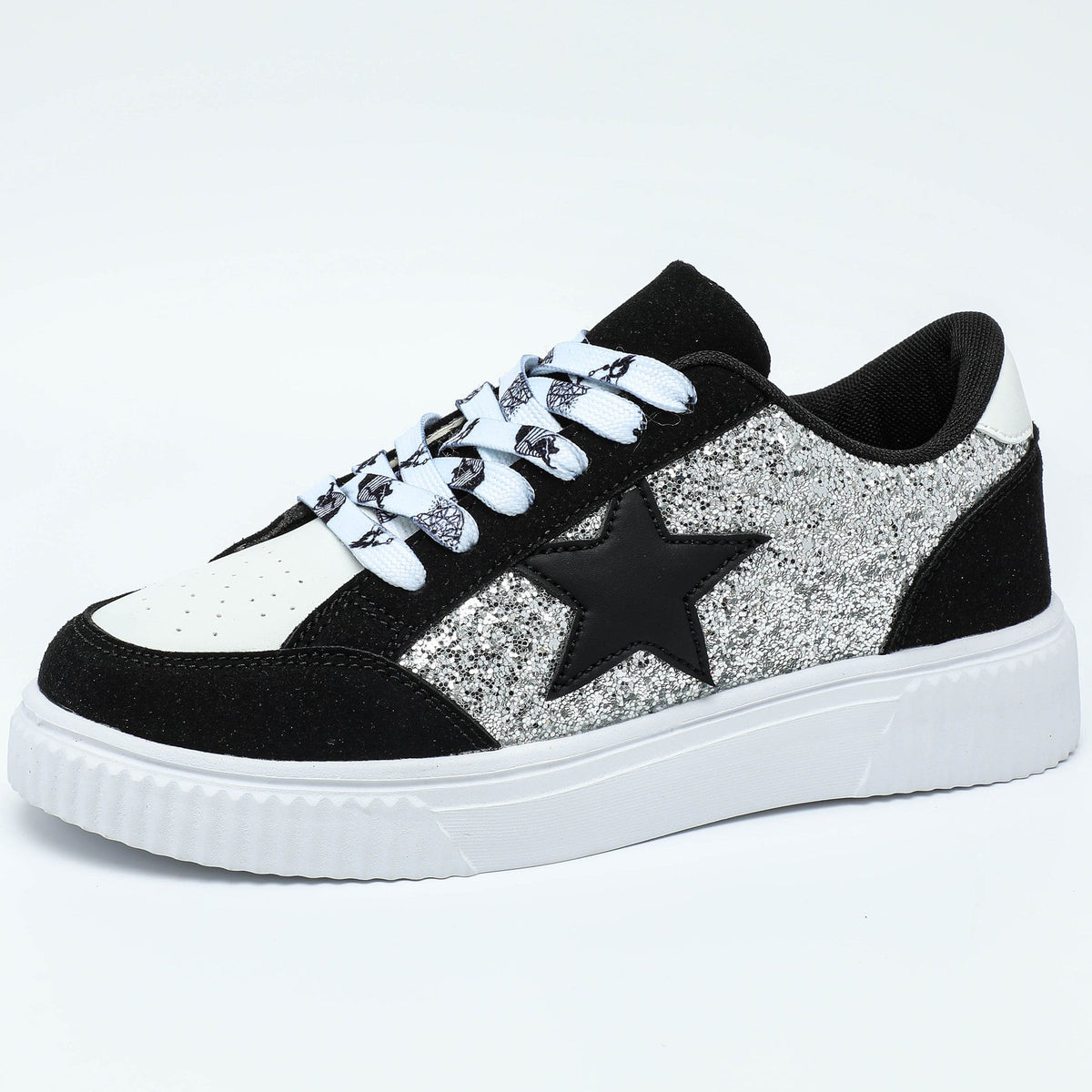 Women's Plus Size Trendy Sequins Skate Shoes - Soft Cushioned Lace-Up Casual Sneakers for Unisex Couples, Outdoor & School Streetwear