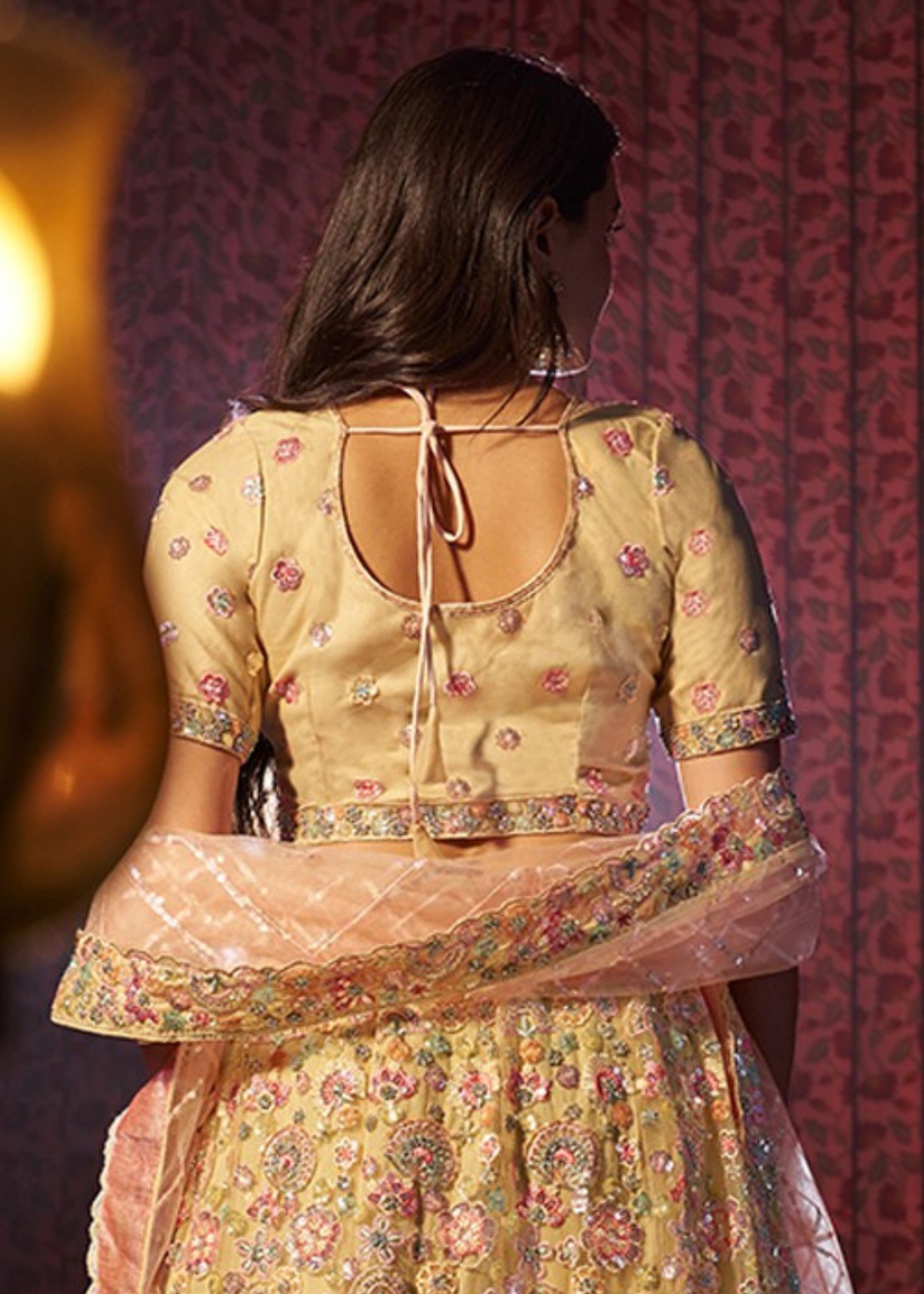 Beige Sequins Thread work Net Lehenga | Ready To Wear - qivii