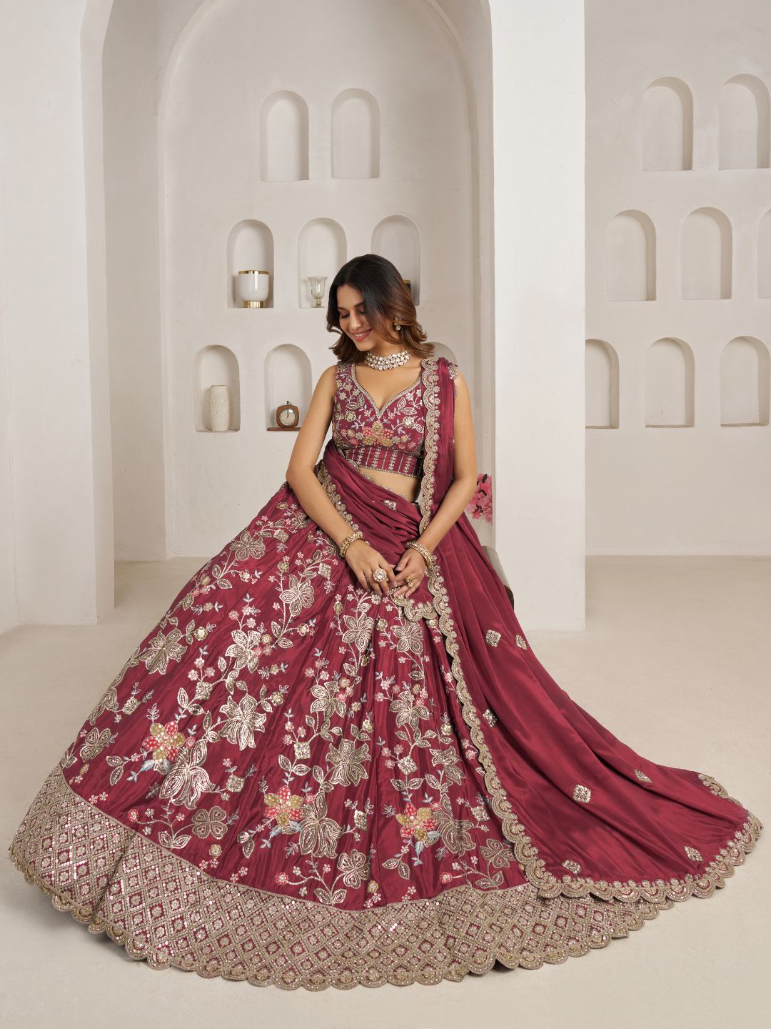 Stylish Maroon Lehenga Choli with Rich Golden Floral Craftsmanship