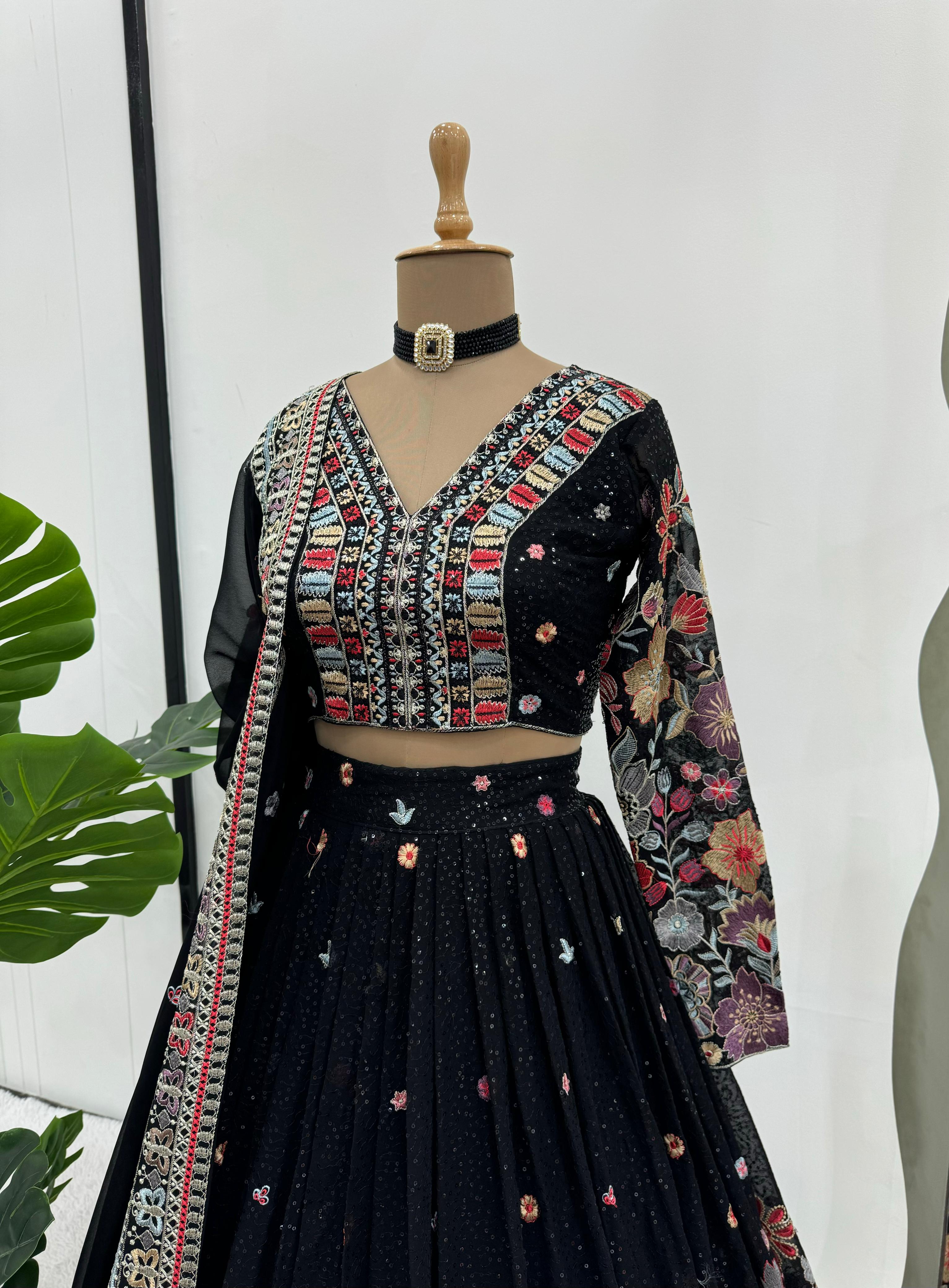 Black Foux gorgette Sequnce with thread Lehenga choli - INSPIRED | Ready To Wear - qivii