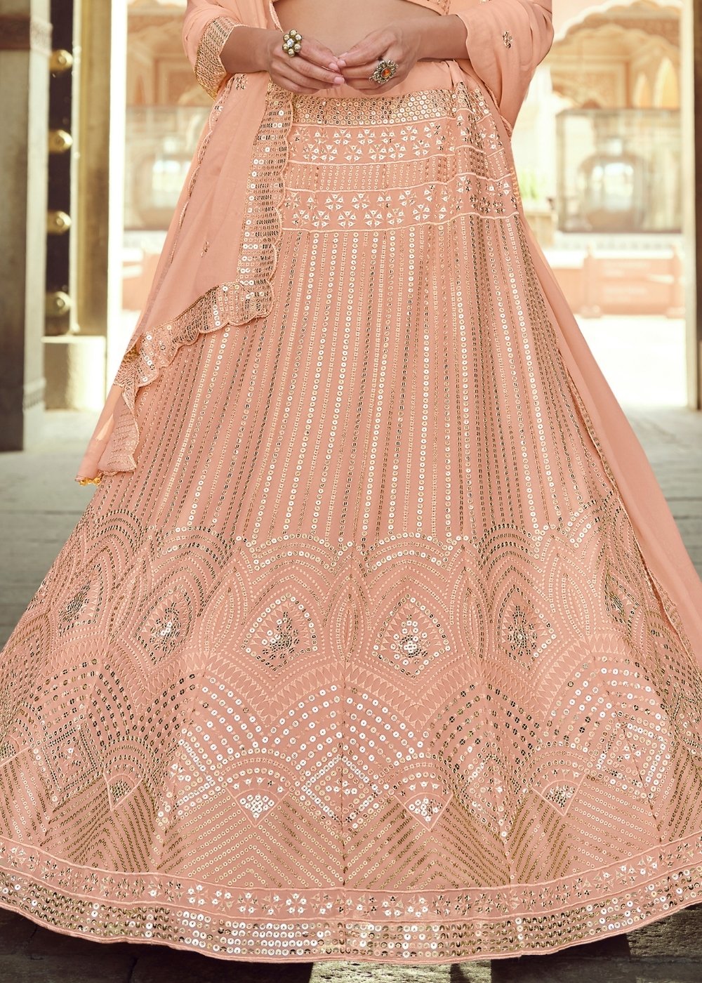 Peach Pink Georgette Lehenga Choli with Sequins & Thread work | Ready To Wear - qivii