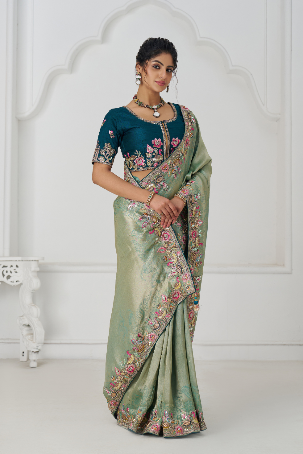 Trending Reception Green Color Saree With Multi-thread Embroidery - qivii
