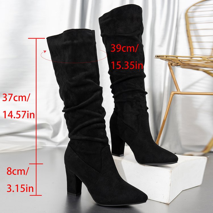 Women’s Suede ChunkyEdge Knee-High Boots – Pointed Toe Chunky Heel Tall Boots (US 4–10.5)