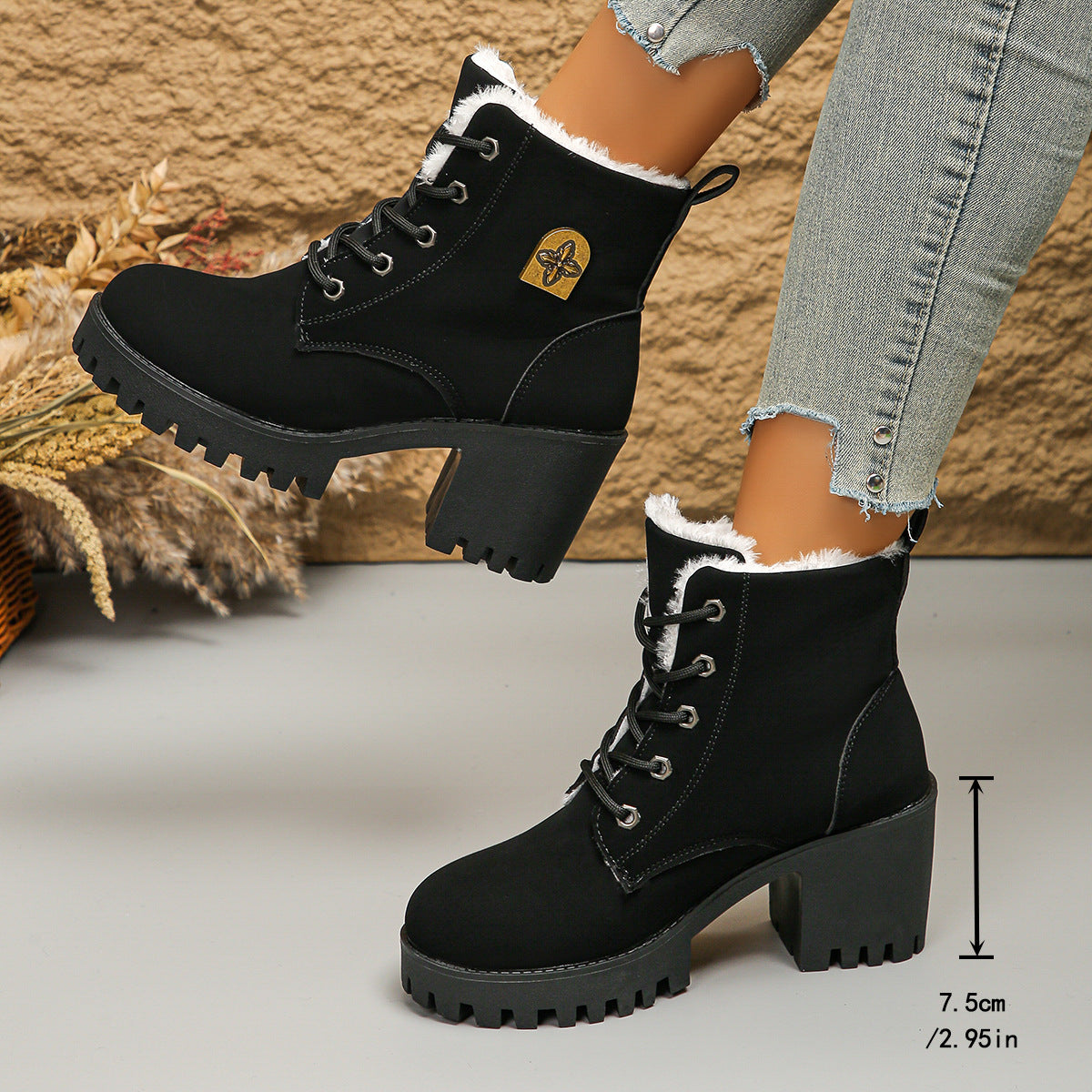 Women's Alpine Luxe Combat Boot - Chunky Sole Mid-Heel Weatherproof Ankle Boots with Faux Fur Lining & Classic Lace-Up Design (US 4-10)