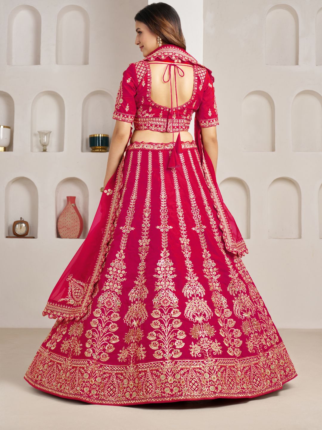 Classic Rani Silk Bridal Lehenga with Floral Zari Embroidery