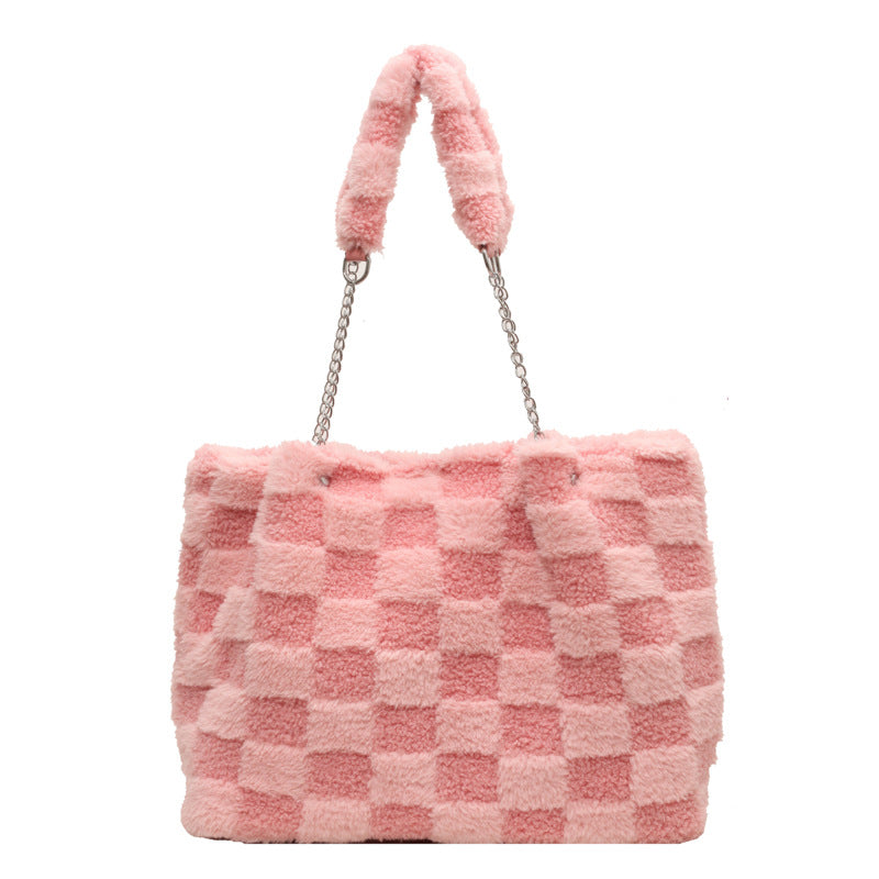 Women's Large-Capacity Plush Handbag | Trendy Quilted Chain Shoulder Bag with Patchwork Design