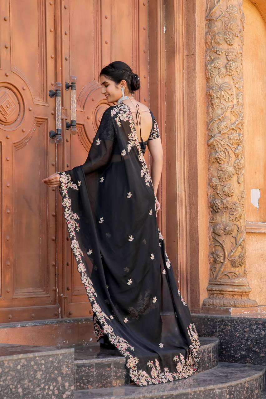 Black Heavy Kasturi silk saree with thread , zari & dori work - INSPIRED - qivii