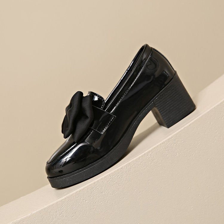 Women's Plus Size Bowknot Leather Shoes with Chunky Heel Platform