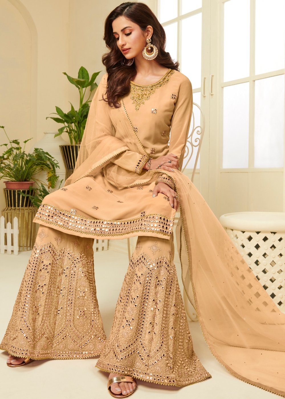 Mustard Yellow Georgette Sharara Suit with Gota work & Embroidery - qivii