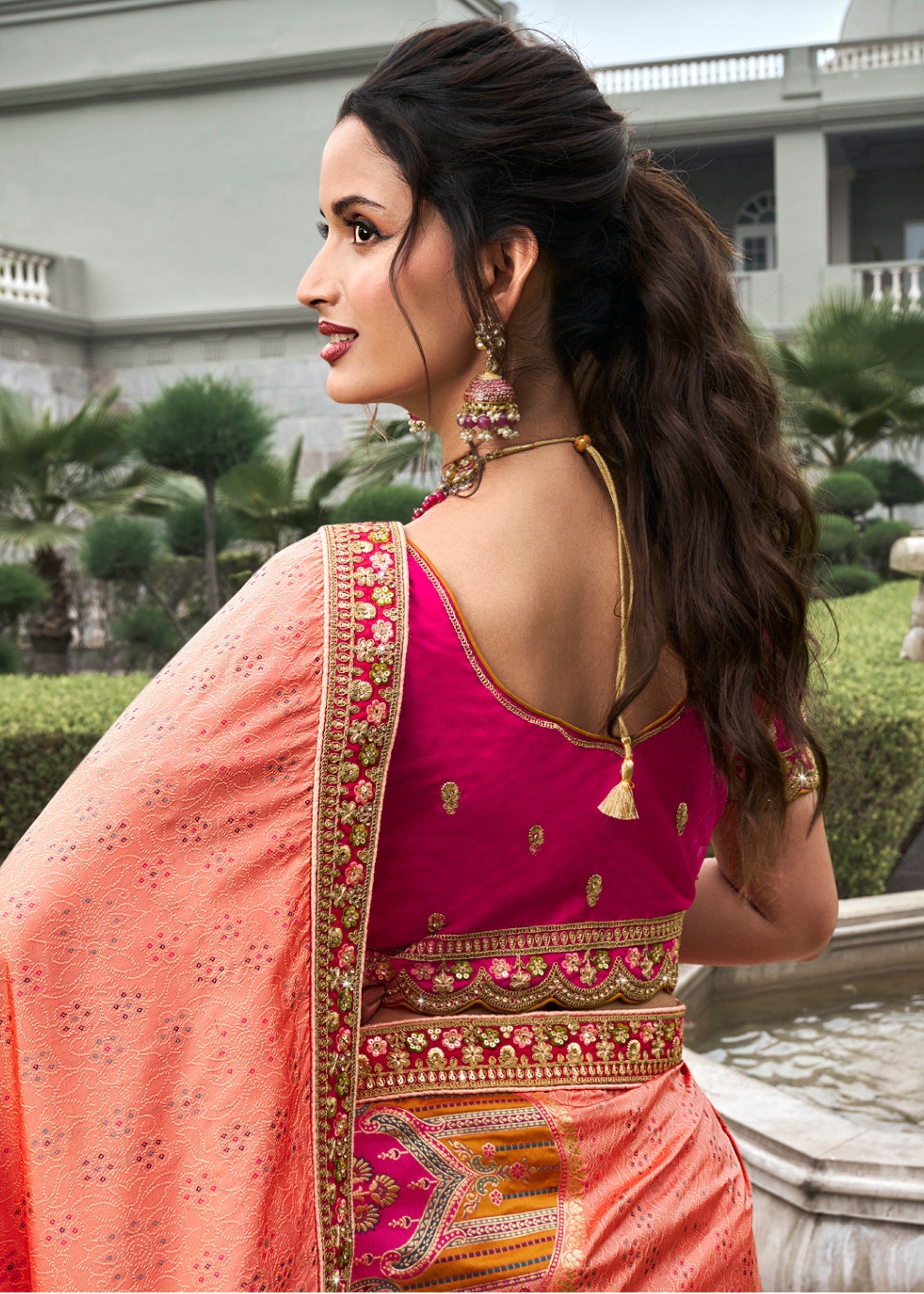 Orange & Pink Banarasi Silk Lehenga with Zarkan Codding work | Ready To Wear - qivii