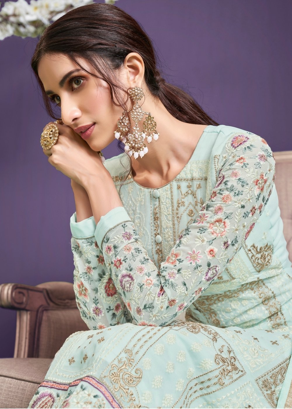 Sky Blue Georgette Salwar Suit with Thread, Zari & Sequence work - qivii