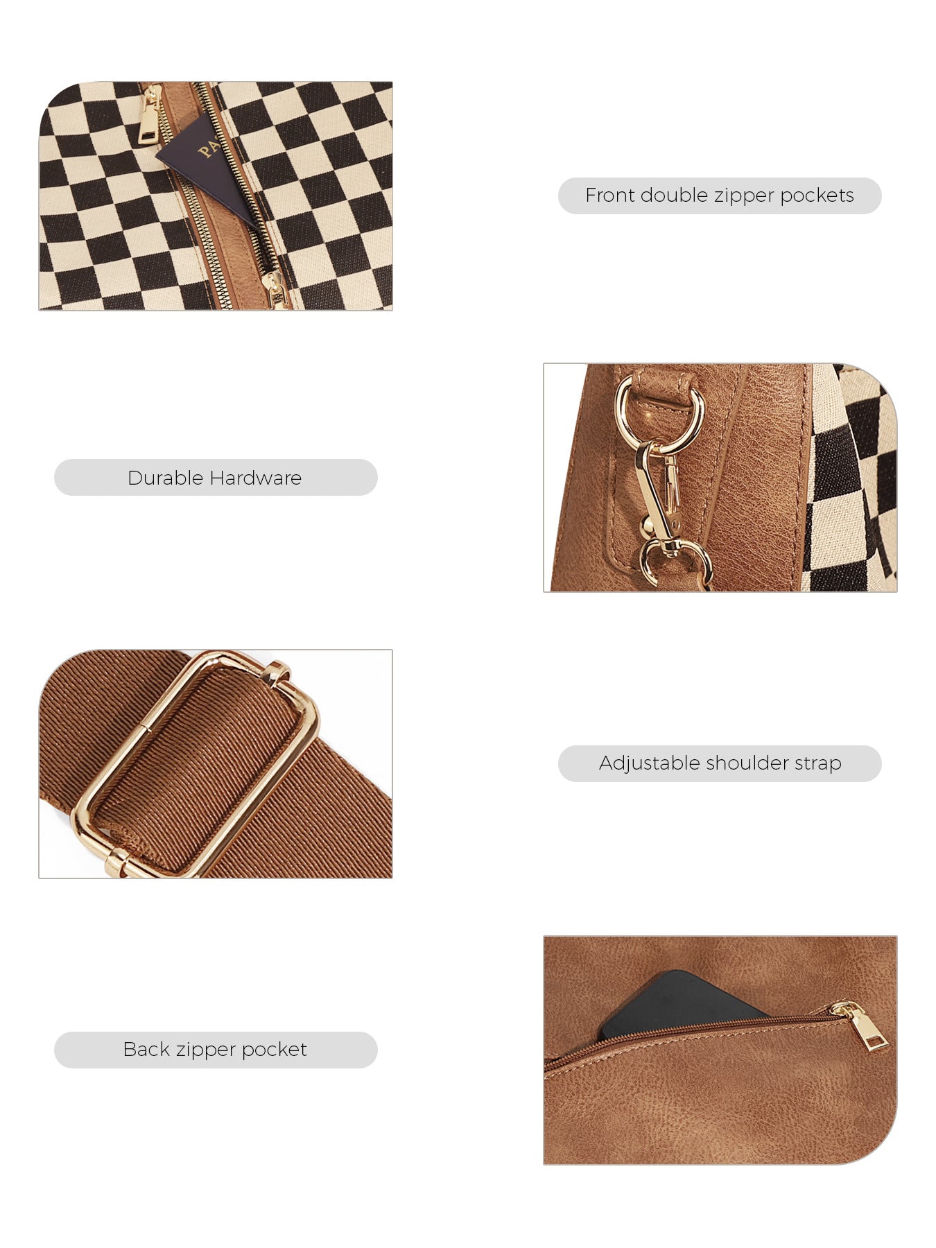 Ounamei Checkered Hobo Tote Bag with a Pouch for Women | PU Leather & Canvas Shoulder & Crossbody Handbag for Daily Use