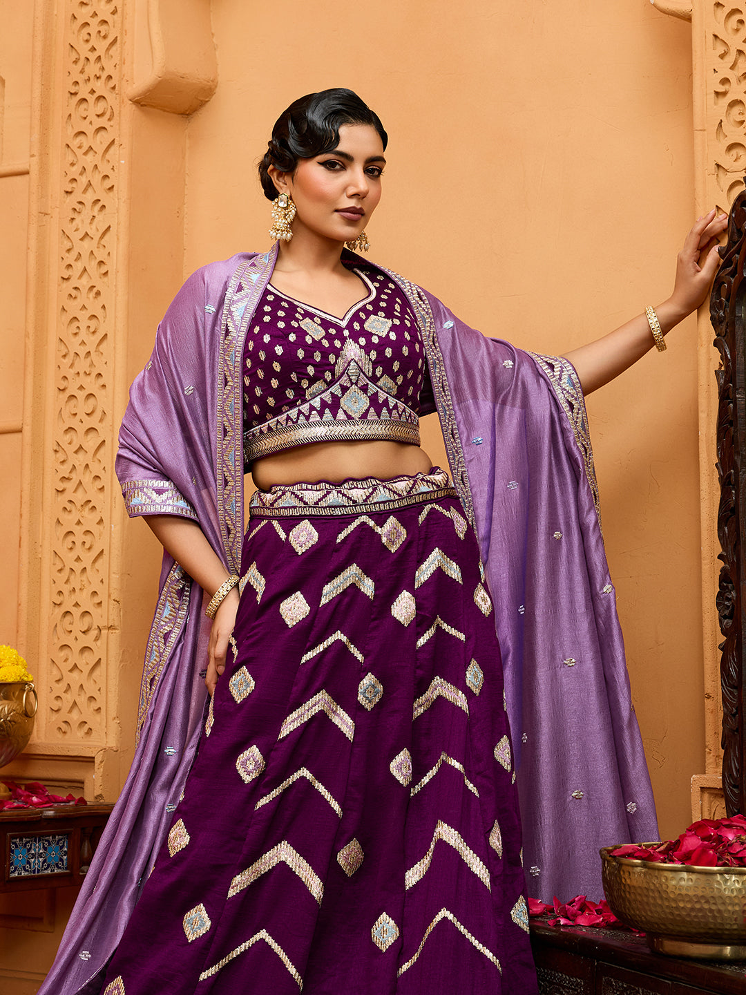 Burgundy- Silk Fabric Sequins embroidery Semi-Stitched Lehenga & Unstitched Blouse With Dupatta - qivii