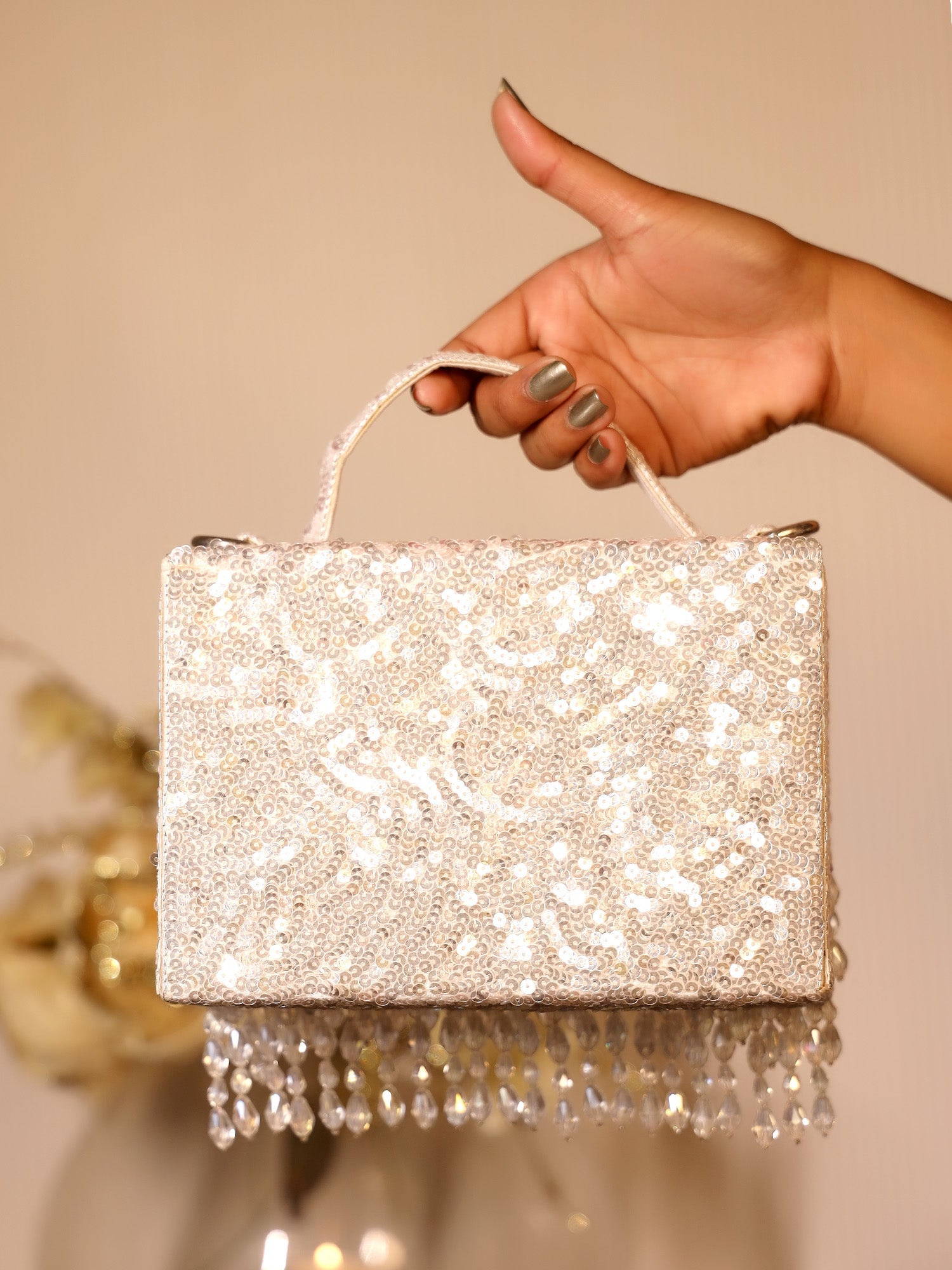 Aksha Silver White Sequence Box Style Clutch