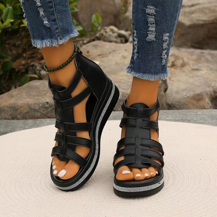 Women’s Plus Size Roman Zipper Sandals - Adjustable Ankle-Strap Slide Sandals with Height Boost for Summer