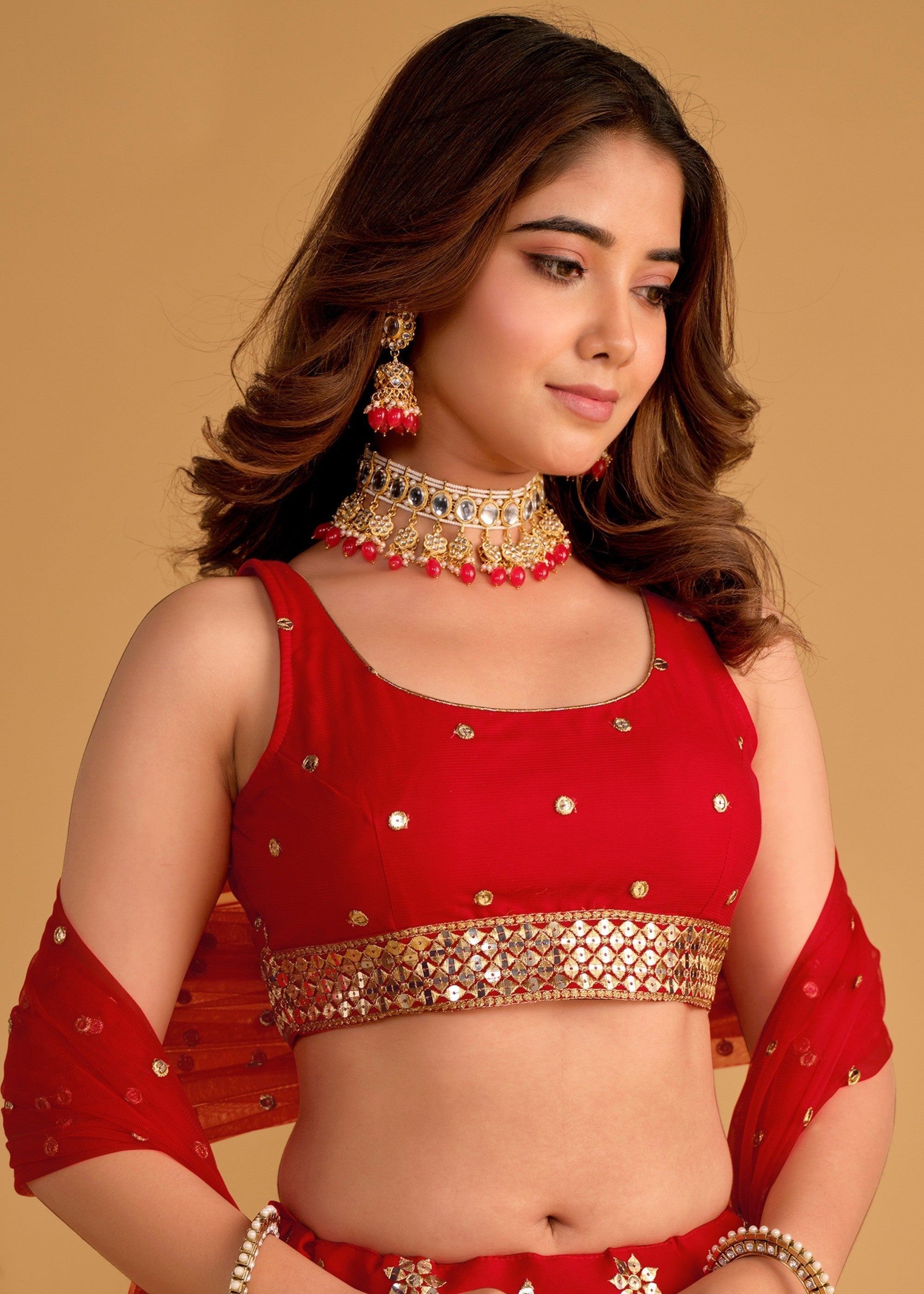 Scarlet Red Georgette Lehenga Choli With Sequins Zari Embroidered Work | Ready To Wear - qivii