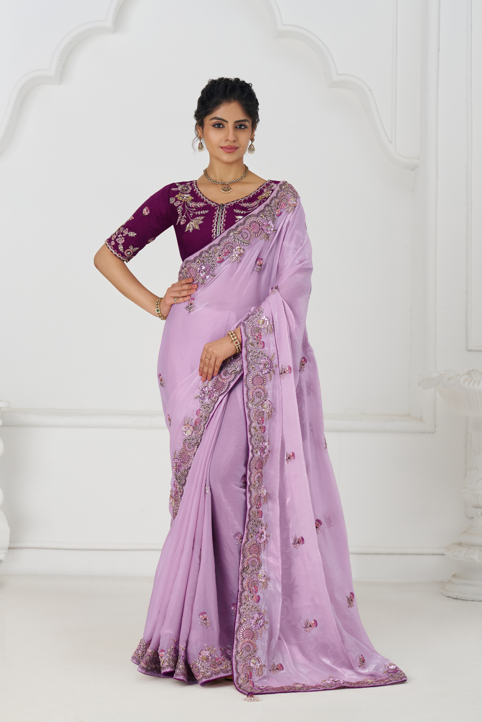 Mauve Color Saree In Zari & Sequin Work On Luxurious Fendi Fabric - qivii