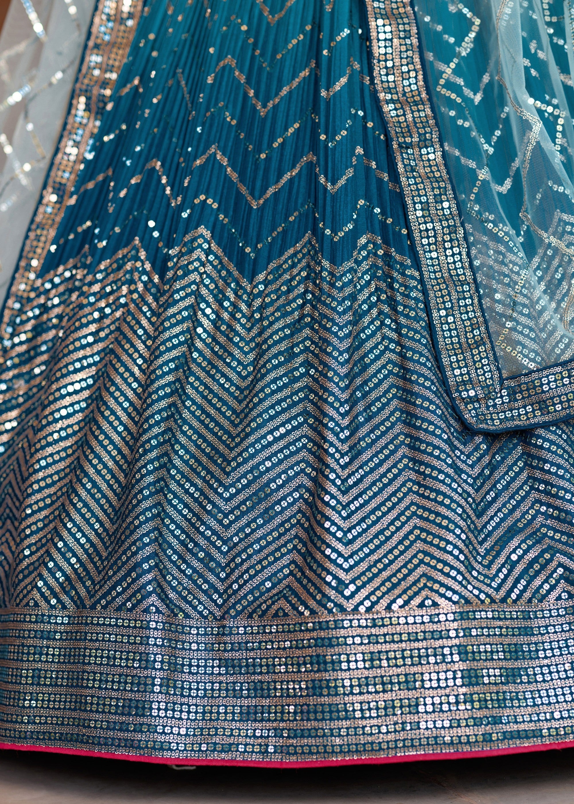 Turquoise Blue Chinon Silk Lehenga With Sequence and Thread Embroidery Work | Ready To Wear - qivii