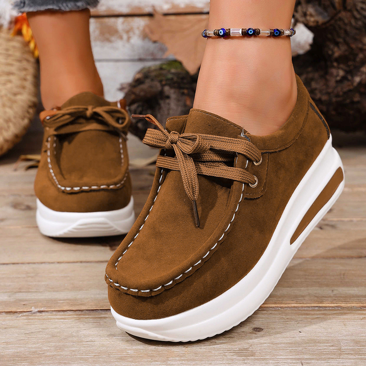 Women's Chunky Sole Lace-Up Loafer - Casual Wedge Heel Shoes (US 5-10.5)