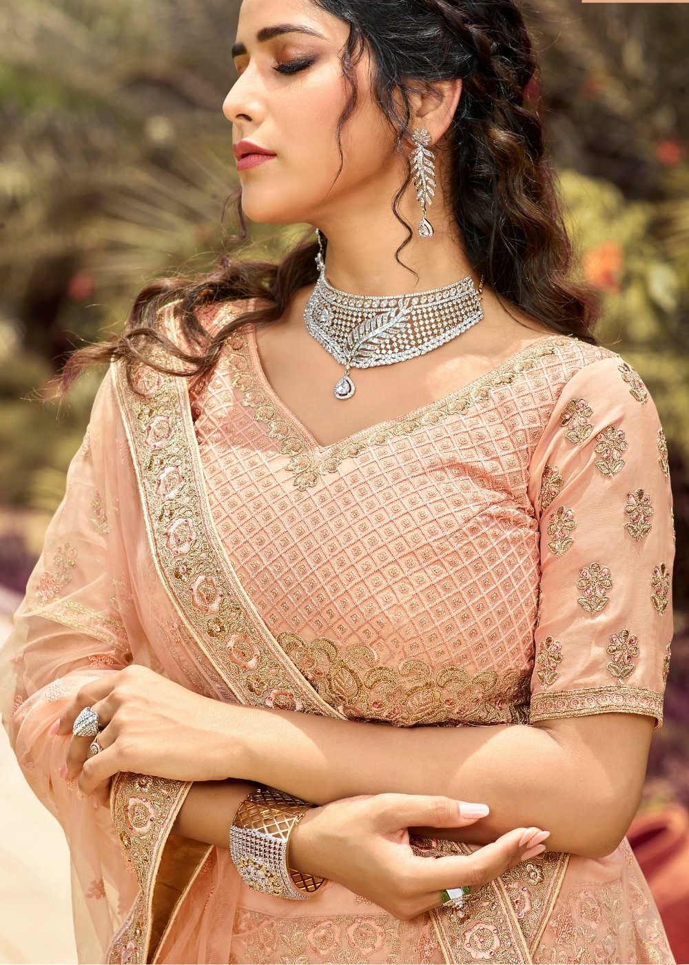 Peach Pink Organza Lehenga Choli with Resham, Dori & Zari work | Ready To Wear - qivii
