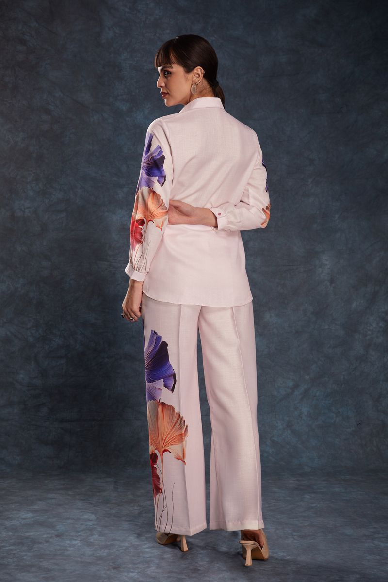 LIGHT PINK LINEN PRINTED TOP,PANT CO-ORD SET - qivii