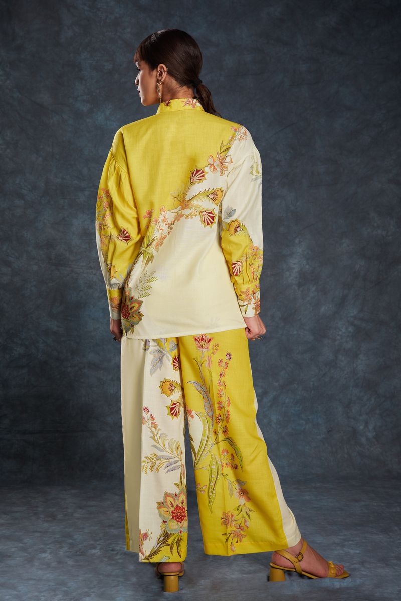 YELLOW LINEN PRINTED TOP,PANT CO-ORD SET - qivii