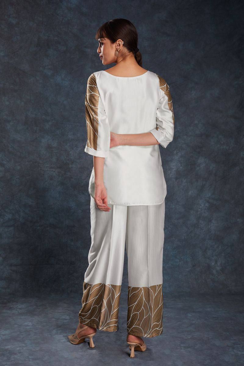 WHITE LINEN SATIN PRINTED TOP,PANT CO-ORD SET - qivii